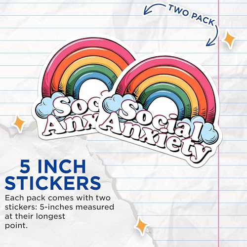 (2 Pack) Social Anxiety Stickers - Mental Health Humor - Rainbow Set - 5" On Longest Side - Sticks to Smooth Flat Surfaces - Made in USA - BMCS7681