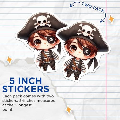 (2 Pack) Cute Pirate Stickers - Adorable Character - Fun Pirate Theme - 5" On Longest Side - Sticks to Smooth Flat Surfaces - Made in USA - BMCS6789