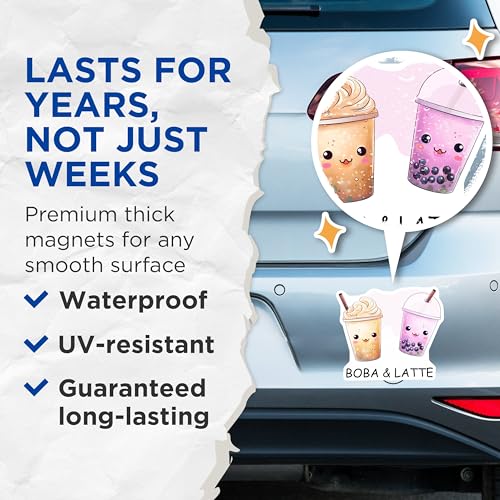 (2 Pack) Kawaii Boba and Latte Magnets - Fun Kitchen Decor - 5" On Longest Side - for Cars, Fridges, Toolboxes - Made in USA - MAG7744