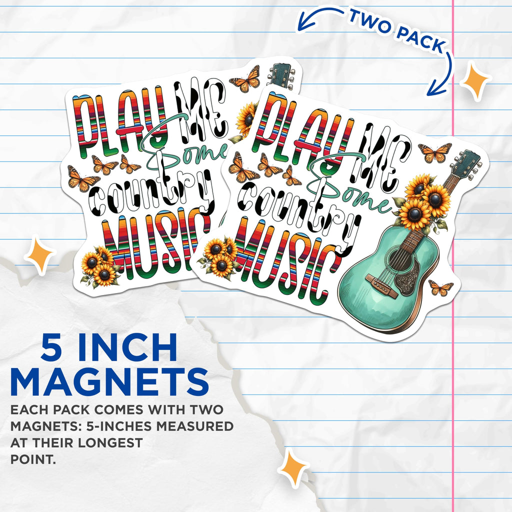 (2 Pack) Country Music Magnets - Sunflower Guitar Decor - Play Me Country Music - 5" On Longest Side - Premium Magnet - for Cars, Refrigerators, Toolboxes, Lockers - Made in USA - MAG14802