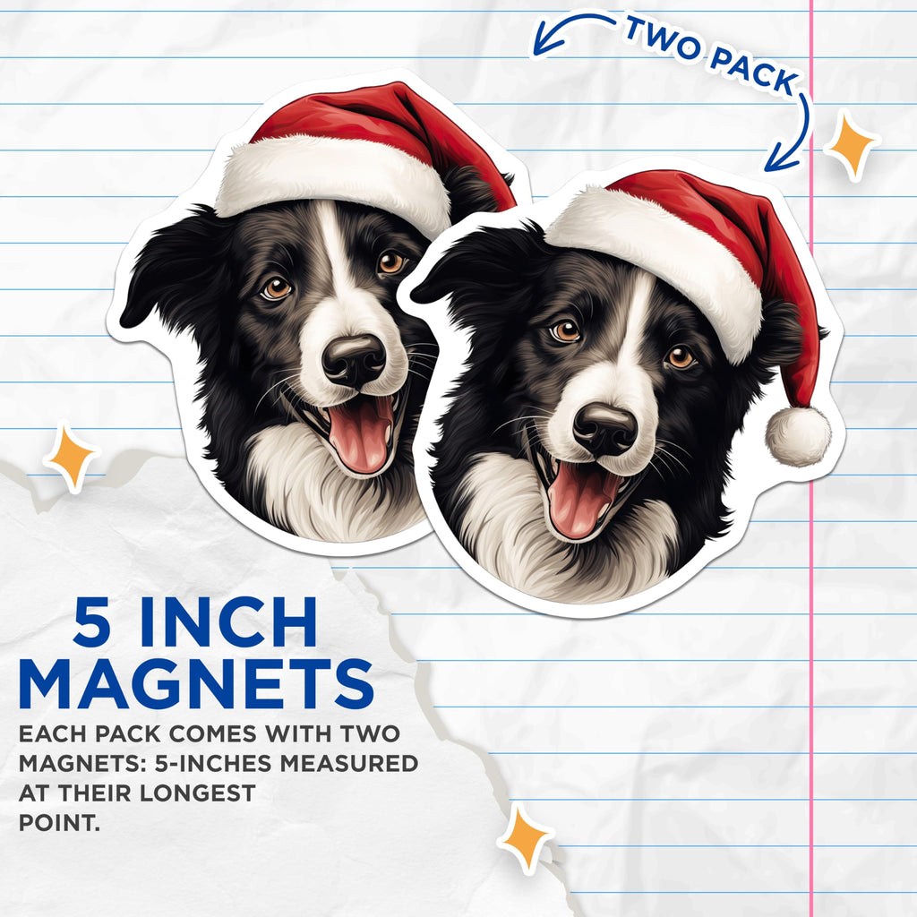 (2 Pack) Christmas Dog Magnets - Santa Hat Collie - Holiday Pet Decor for Dog Lovers - 5 Inches On Longest Side - Thick Durable Magnet - Made in USA - MAG28335