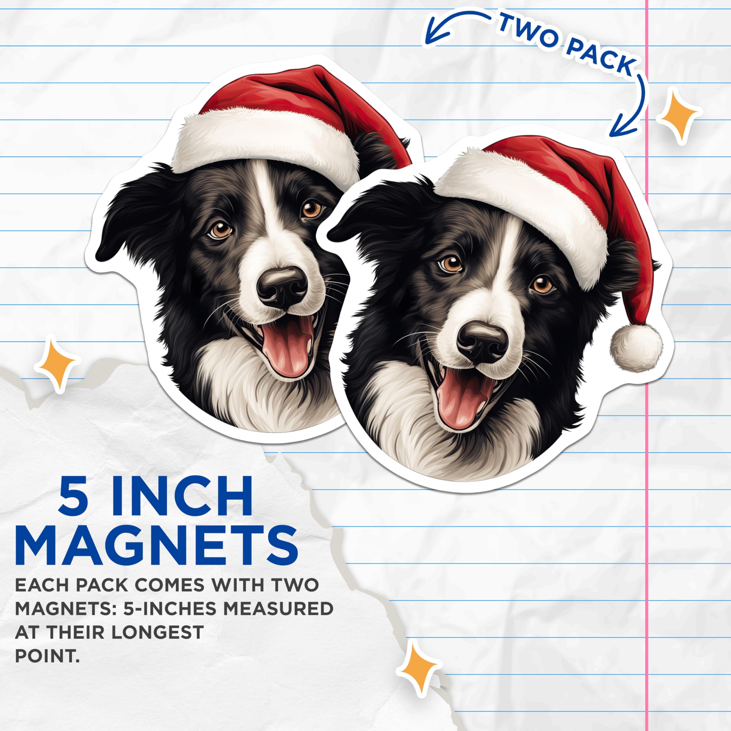 (2 Pack) Christmas Dog Magnets - Santa Hat Collie - Holiday Pet Decor for Dog Lovers - 5 Inches On Longest Side - Thick Durable Magnet - Made in USA - MAG28335