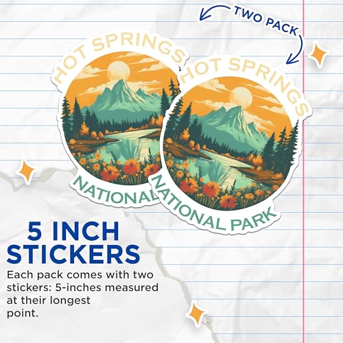 (2 Packs) Hot Springs National Park Stickers - Hiking Hiker Outdoorsman Decals - 5 Inches On Longest Side - Premium Vinyl Decal - Sticks to Any Smooth Flat Surface - Made in USA - BMCS2480