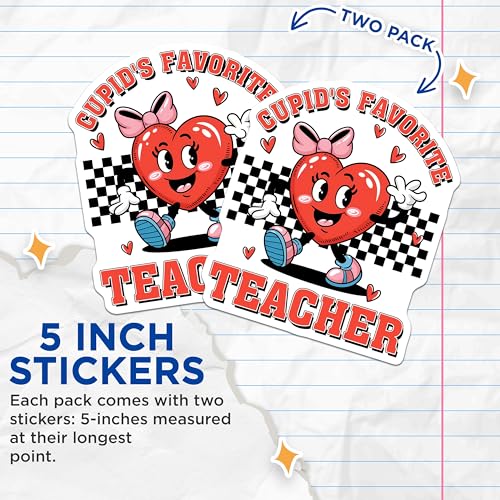 (2 Pack) Cupids Favorite Teacher Stickers - Cute Heart Character - School Teacher Appreciation - 5" On Longest Side - Sticks to Smooth Flat Surfaces - Made in USA - BMCS7647