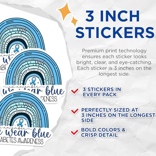 (3 Pack) Diabetes Awareness Decals - Blue Ribbon Decal - We Wear Blue Decals - 3 Inches On Longest Side - Easy Peel & Apply - Made in USA - 3MCS2603
