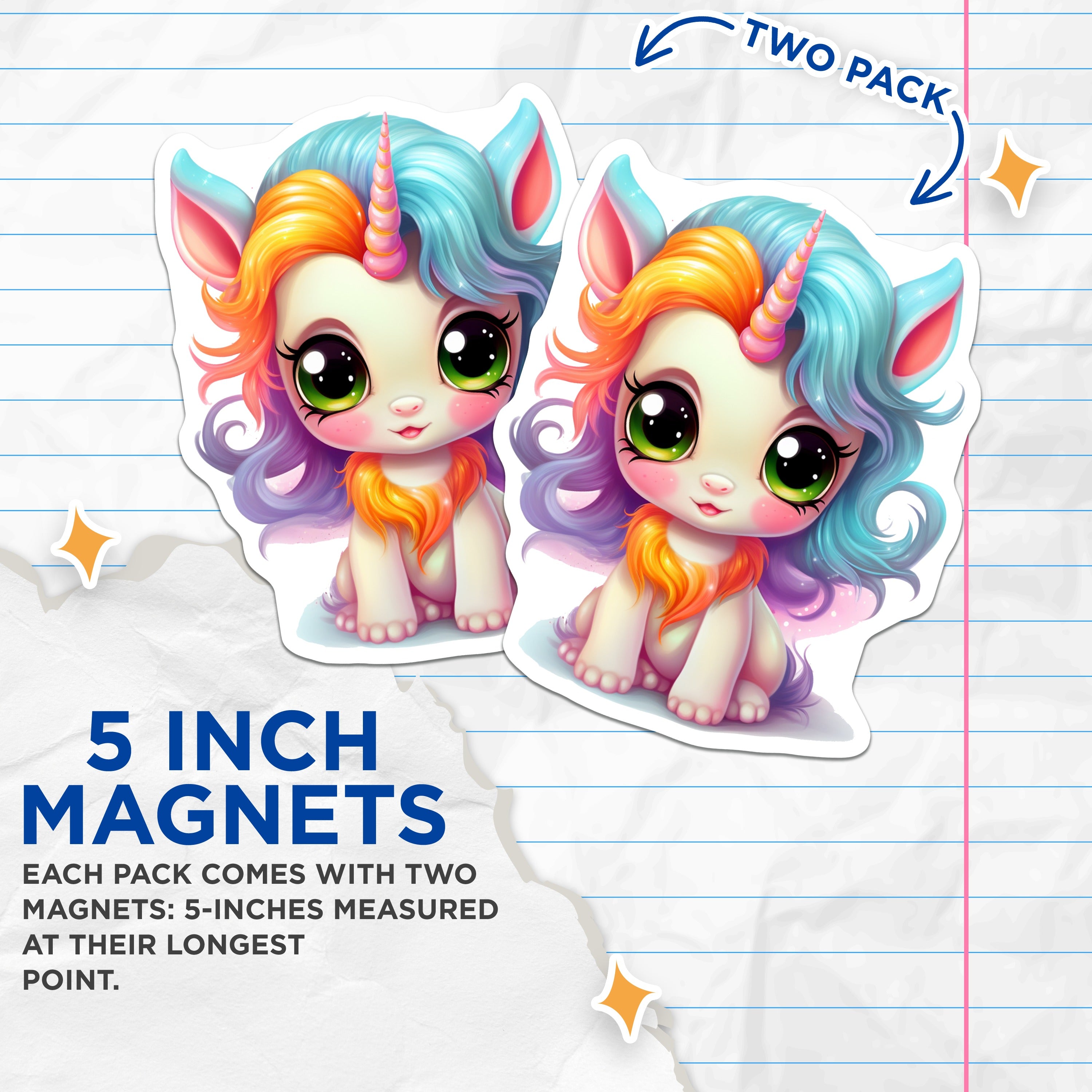 (2 Pack) Cute Unicorn Magnets - Kawaii Fantasy Decor - Magical Creature Art for Fridge Kids Room - 5 Inches On Longest Side - Thick Durable Magnet - Made in USA - MAG36983