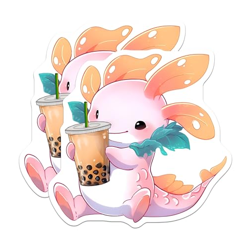 (2 Pack) Cute Axolotl Boba Tea Stickers - Kawaii Bubble Tea - Animal Cartoon - 5" On Longest Side - Sticks to Smooth Flat Surfaces - Made in USA - BMCS7790