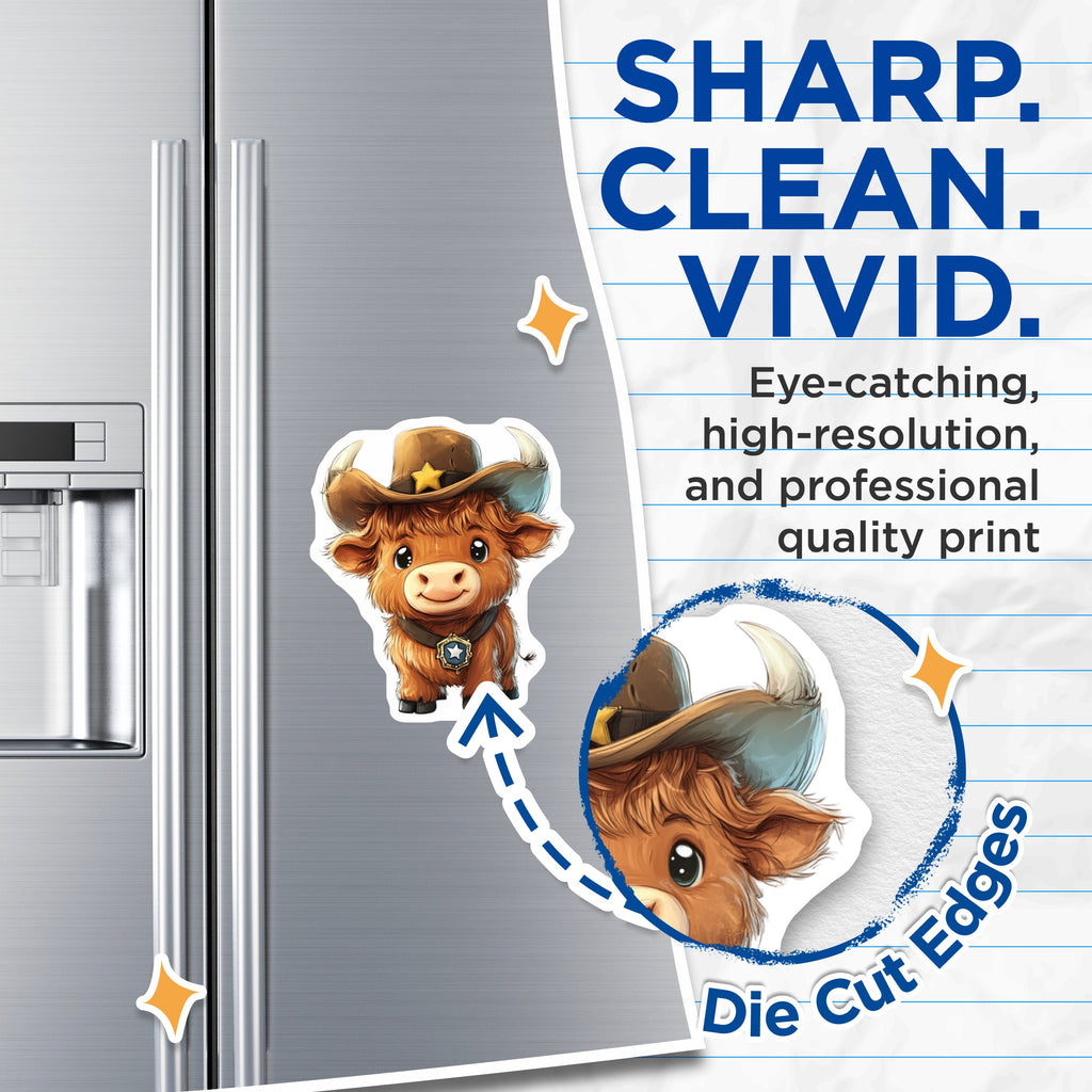 (2 Pack) Cute Highland Cow Magnets - Cowboy Sheriff Animal Decor - Farmhouse Refrigerator Locker Art - 5 Inches On Longest Side - Thick Durable Magnet - Made in USA - MAG39449