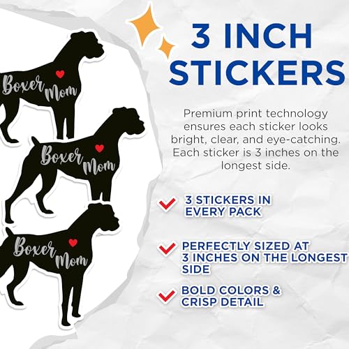 (3 Pack) Boxer Mom Decals - Dog Lover Decal - Pet Owner Decals - 3 Inches On Longest Side - Easy Peel & Apply - Made in USA - 3MCS1315
