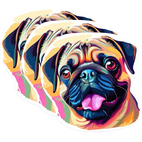 (3 Pack) Pug Decals - Colorful Dog Decals - Laptop Decal - 3 Inches On Longest Side - Easy Peel & Apply - Made in USA - 3MCS0801