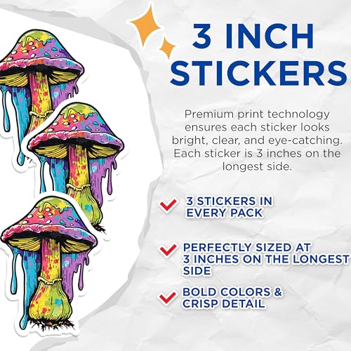 (3 Pack) Trippy Mushroom Decals - Psychedelic Art - Colorful Stickers - 3 Inches On Longest Side - Easy Peel & Apply - Made in USA - 3MCS1010