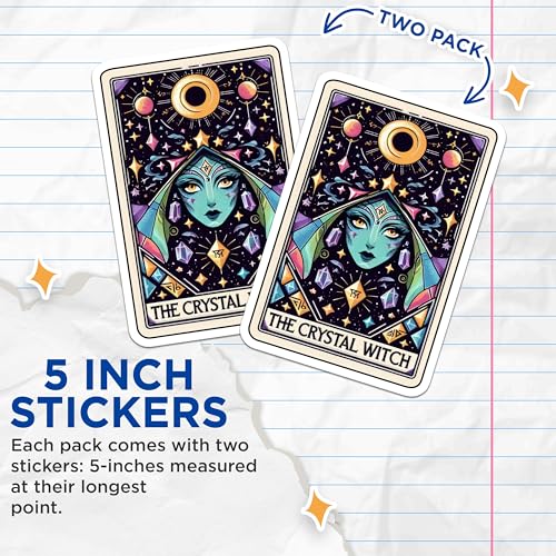 (2 Pack) The Crystal Witch Stickers - Magical Art Stickers - Mystical Witchcraft Stickers - 5" On Longest Side - Sticks to Smooth Flat Surfaces - Made in USA - BMCS5377