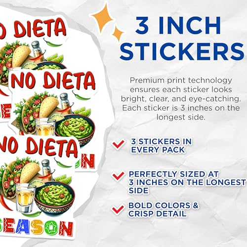 (3 Pack) No Dieta Season Decals - Taco Tequila - Guacamole Decals - 3 Inches On Longest Side - Easy Peel & Apply - Made in USA - 3MCS6984