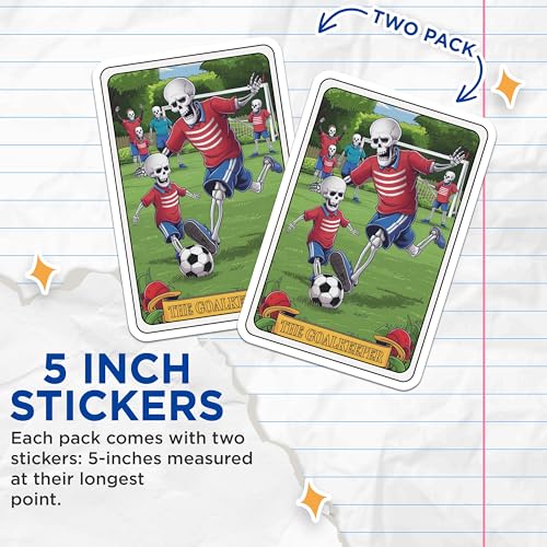 (2 Pack) Skeleton Soccer Stickers - Spooky Halloween Stickers - Funny Sports Stickers for Kids - 5" On Longest Side - Sticks to Smooth Flat Surfaces - Made in USA - BMCS4462