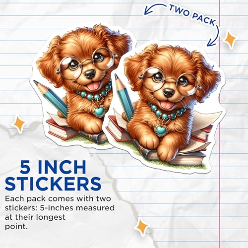 (2 Pack) Cute Puppy Stickers - Adorable Dog Reading - Puppy with Books and Glasses - 5" On Longest Side - Sticks to Smooth Flat Surfaces - Made in USA - BMCS9393