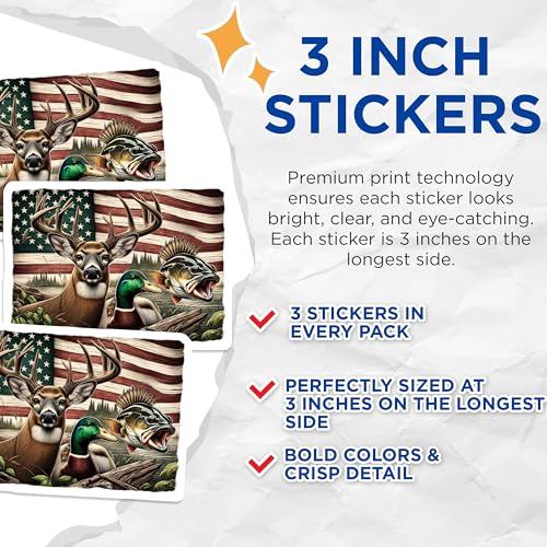 (3 Pack) Hunting Fishing Decals - USA Flag - Deer Duck Bass Sticker - 3 Inches On Longest Side - Easy Peel & Apply - Made in USA - 3MCS7417