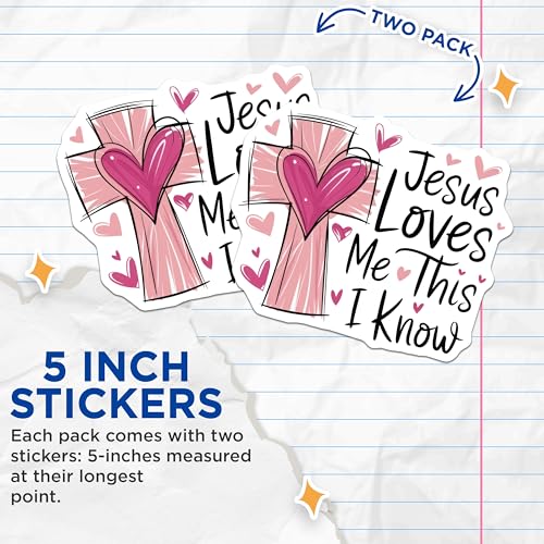(2 Pack) Jesus Loves Me This I Know Stickers - Christian Faith Sticker - Inspirational Quote Sticker - 5" On Longest Side - Sticks to Smooth Flat Surfaces - Made in USA - BMCS8930