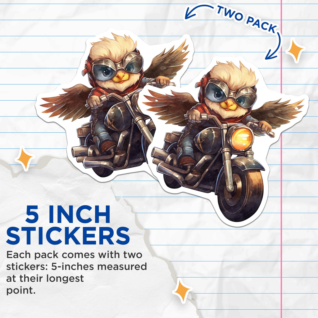 (2 Pack) Owl Motorbike Stickers - Cute Animal Stickers - Biker Stickers - 5" On Longest Side - Sticks to Smooth Flat Surfaces - Made in USA - BMCS17031