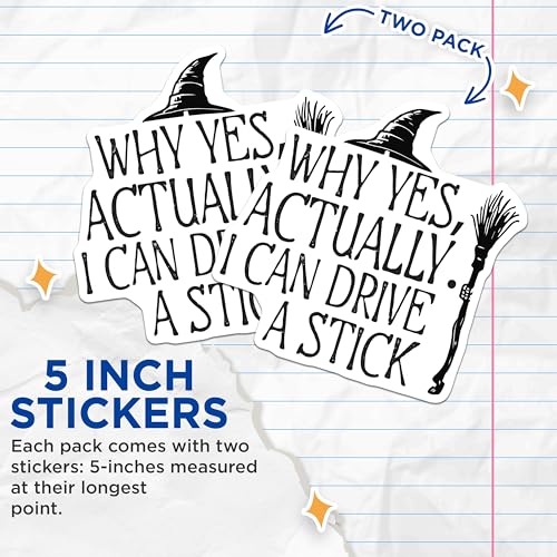 (2 Pack) Funny Witch Stickers - Halloween Quote Decals - Witch Hat Broomstick Vinyl Stickers - 5" On Longest Side - Sticks to Smooth Flat Surfaces - Made in USA - BMCS6102
