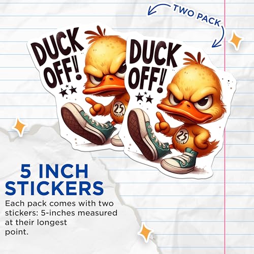 (2 Pack) Duck Off Stickers - Funny Angry Duck - Humor Stickers for Laptops - Unique Vinyl Decals for Water Bottles - 5" On Longest Side - Sticks to Smooth Flat Surfaces - Made in USA - BMCS6345