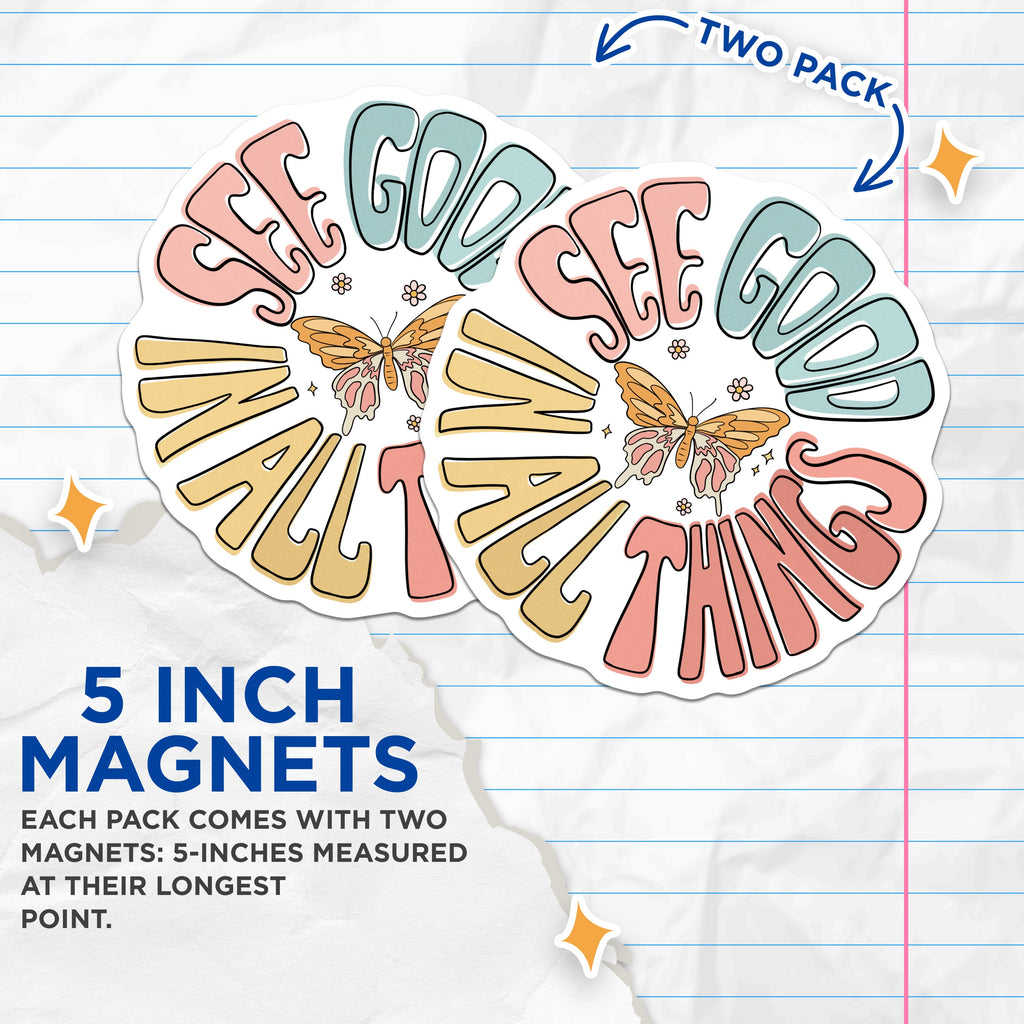 (2 Pack) See Good in All Things Magnets - Retro Butterfly Art - Groovy Positive Affirmation - Inspirational Boho Decor - 5 Inches On Longest Side - Thick Durable Magnet - Made in USA - MAG37978