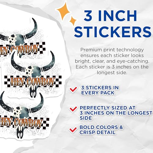 (3 Pack) Hey Cowboy Decals - Western Decor - Bull Skull Laptop Decals - 3 Inches On Longest Side - Easy Peel & Apply - Made in USA - 3MCS1934