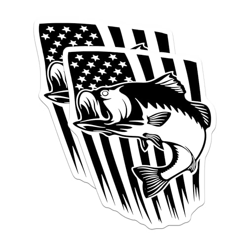 (2 Pack) Bass Fishing Stickers - American Flag Fish Decals - Patriotic Fishing Sticker for Anglers - 5" On Longest Side - Sticks to Smooth Flat Surfaces - Made in USA - BMCS3993