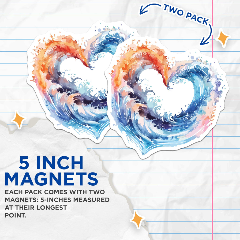 (2 Pack) Fire and Water Heart Magnets - Abstract Watercolor Waves - Passionate Love Art Decor - 5 Inches On Longest Side - Thick Durable Magnet - Made in USA - MAG19783