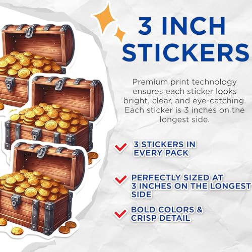 (3 Pack) Treasure Chest Decals - Gold Coins Decal - Pirate Treasure Decal- 3 Inches On Longest Side - Easy Peel & Apply - Made in USA - 3MCS5628