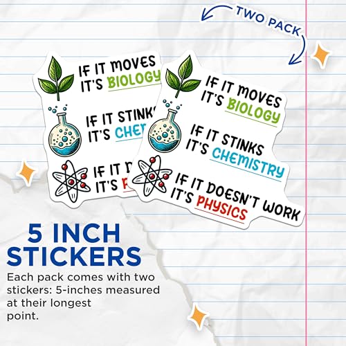 (2 Pack) Funny Science Stickers - Biology Chemistry Physics Humorous Quote - Educational Scientist - 5" On Longest Side - Sticks to Smooth Flat Surfaces - Made in USA - BMCS8020