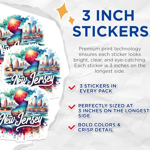 (3 Pack) New Jersey Decals - NJ Pride - State Laptop Decals- 3 Inches On Longest Side - Easy Peel & Apply - Made in USA - 3MCS5634