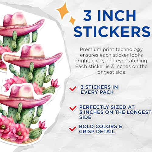 (3 Pack) Cactus with Hat Decals - Desert Flower Art - Pink Cowboy Hat Stickers - 3 Inches On Longest Side - Easy Peel & Apply - Made in USA - 3MCS2166