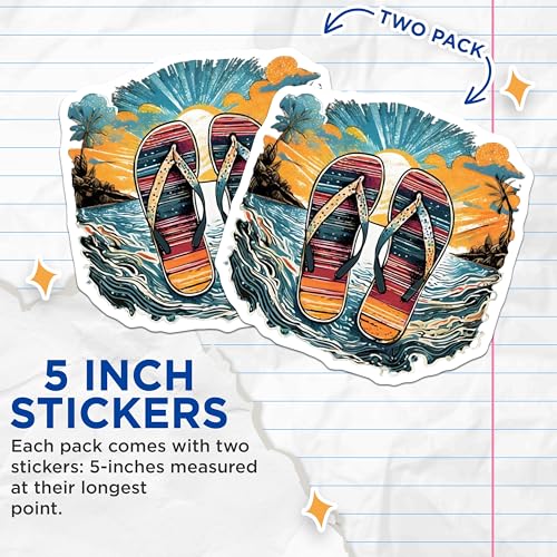 (2 Pack) Beach Summer Vibes Stickers - Tropical Sunset - Flip Flops Art - 5" On Longest Side - Sticks to Smooth Flat Surfaces - Made in USA - BMCS9314 - Vibrant Vacation