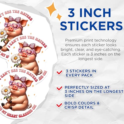 (3 Pack) Pig Decals - Heart Glasses Stickers - Cute Animal Laptop Decal - 3 Inches On Longest Side - Easy Peel & Apply - Made in USA - 3MCS6703