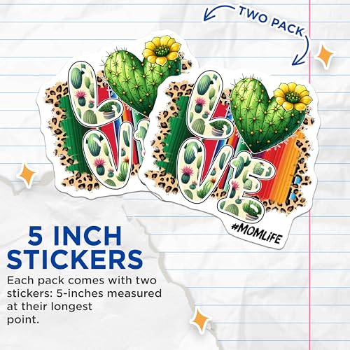(2 Pack) Love Cactus Stickers - Mom Life - Leopard Print Background - Vibrant Colors - Plant Lover - 5" On Longest Side - Sticks to Smooth Flat Surfaces - Made in USA - BMCS8177