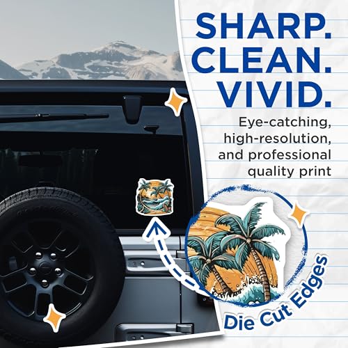 (2 Pack) Tropical Beach Wave Stickers - Surfing - Palm Trees - 5" On Longest Side - Sticks to Smooth Flat Surfaces - Made in USA - BMCS9261