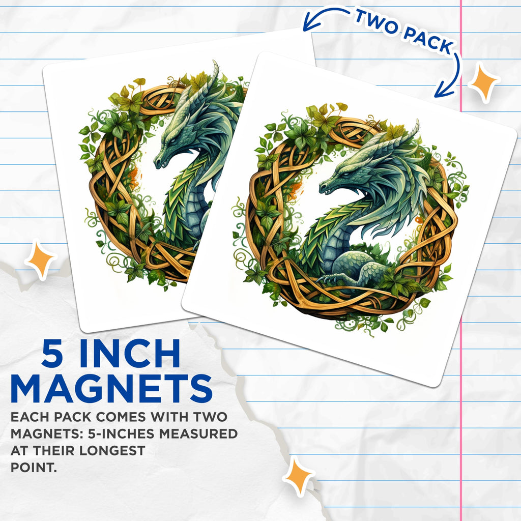 (2 Pack) Mystical Green Dragon Magnets - Celtic Knot Frame Art - Fantasy Creature Decor - Mythical Beast Refrigerator Magnet - 5 Inches On Longest Side - Thick Durable Magnet - Made in USA - MAG23606