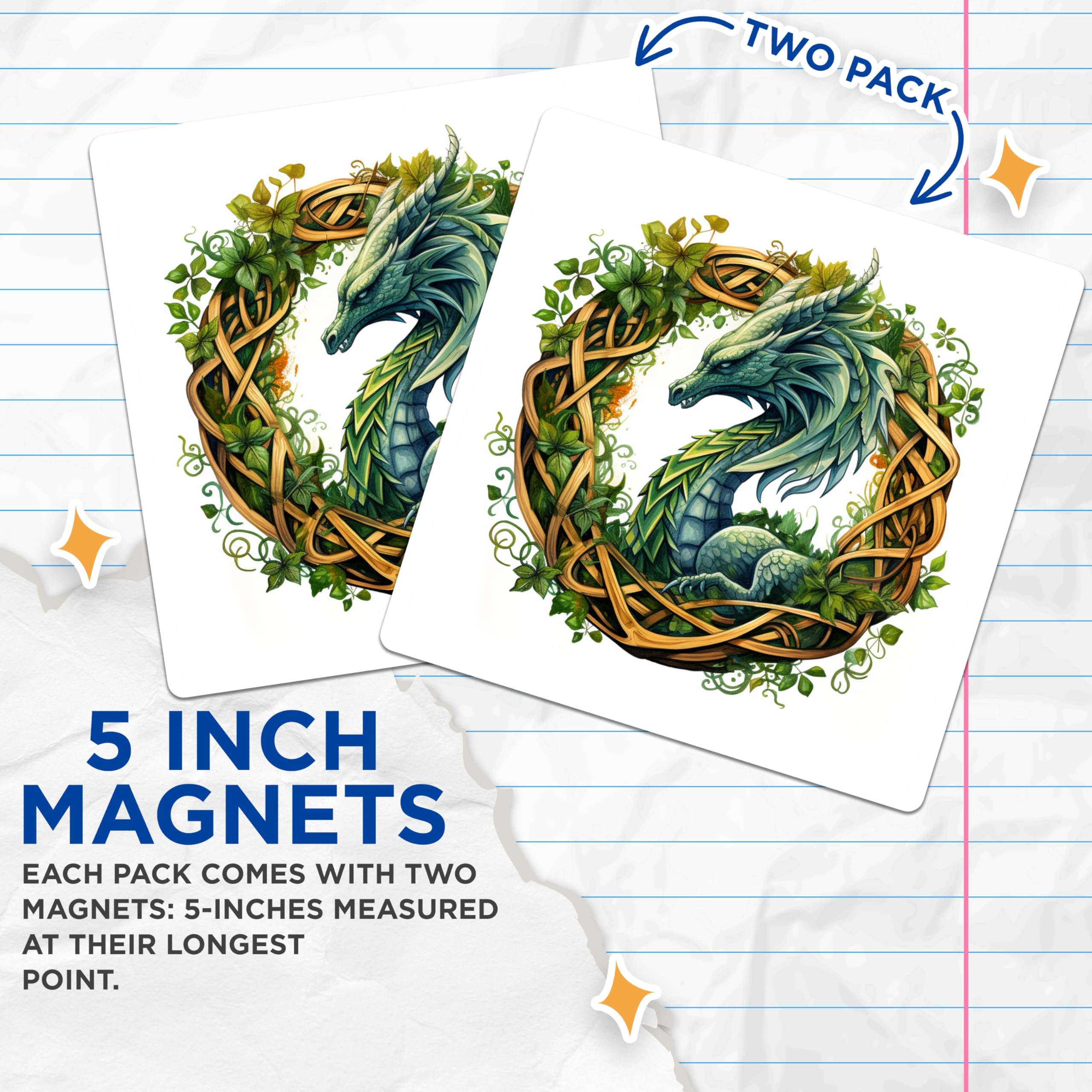 (2 Pack) Mystical Green Dragon Magnets - Celtic Knot Frame Art - Fantasy Creature Decor - Mythical Beast Refrigerator Magnet - 5 Inches On Longest Side - Thick Durable Magnet - Made in USA - MAG23606
