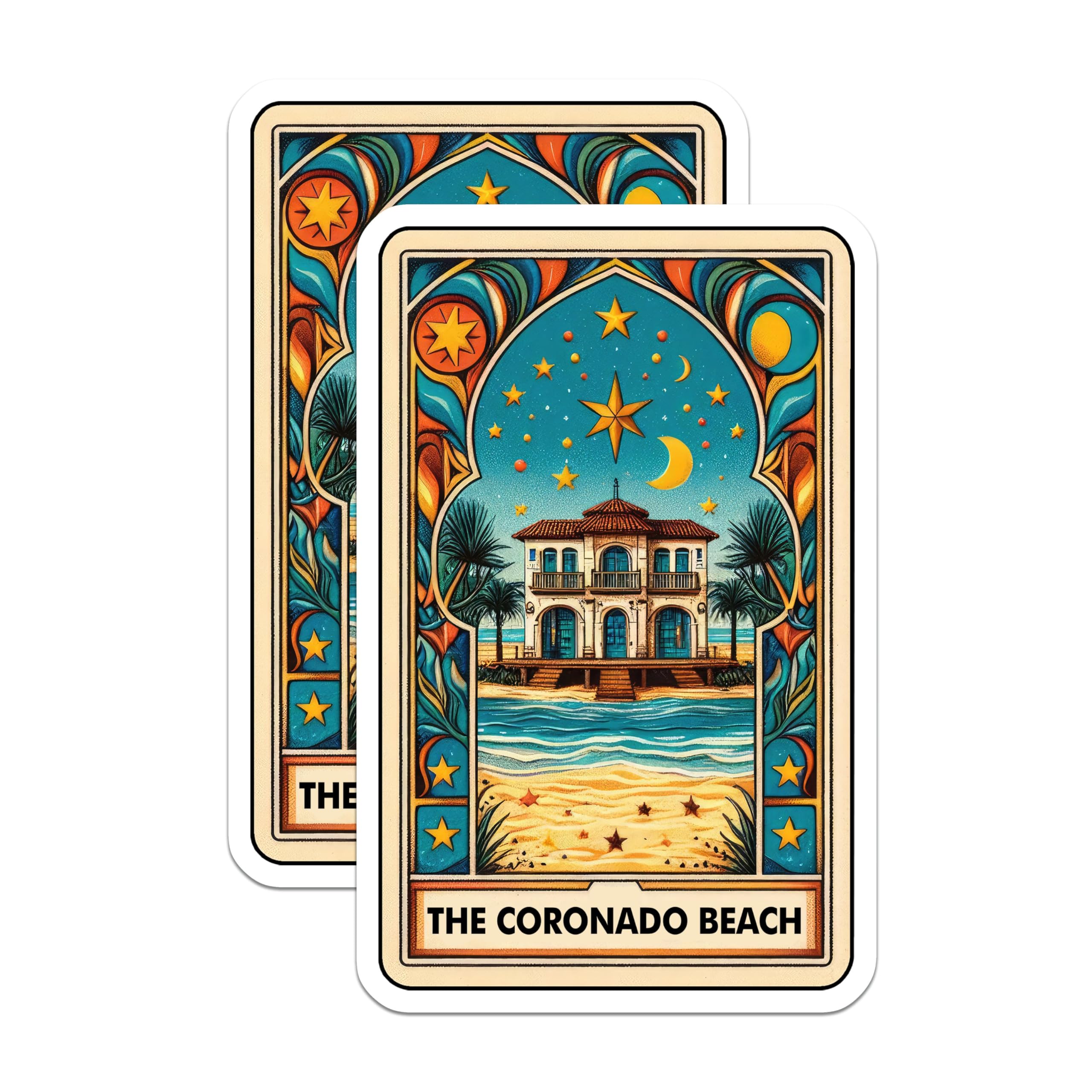 (2 Pack) Beach House Stickers - Coronado Beach Vibes - Coastal Aesthetic Decor - Starry Night Seaside Stickers - 5" On Longest Side - Sticks to Smooth Flat Surfaces - Made in USA - BMCS9942