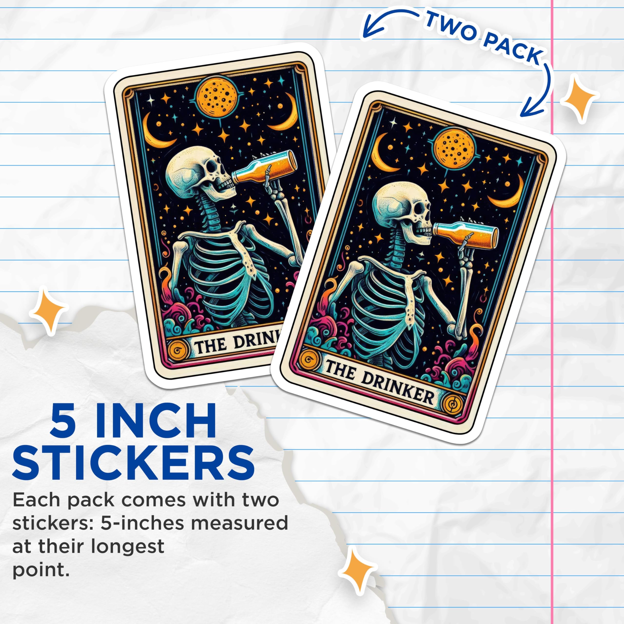 (2 Pack) Skeleton Tarot Card Stickers - Drinking Skeleton Art Stickers - Spooky Skeleton Illustration Stickers - 5" On Longest Side - Sticks to Smooth Flat Surfaces - Made in USA - BMCS5396