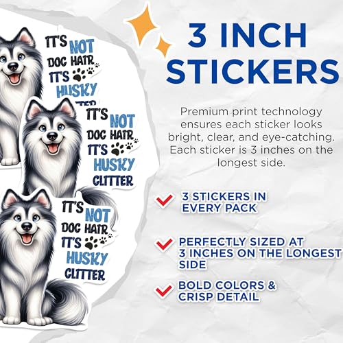 (3 Pack) Husky Glitter Decals - Dog Lover - Funny Pet Decals - 3 Inches On Longest Side - Easy Peel & Apply - Made in USA - 3MCS0858