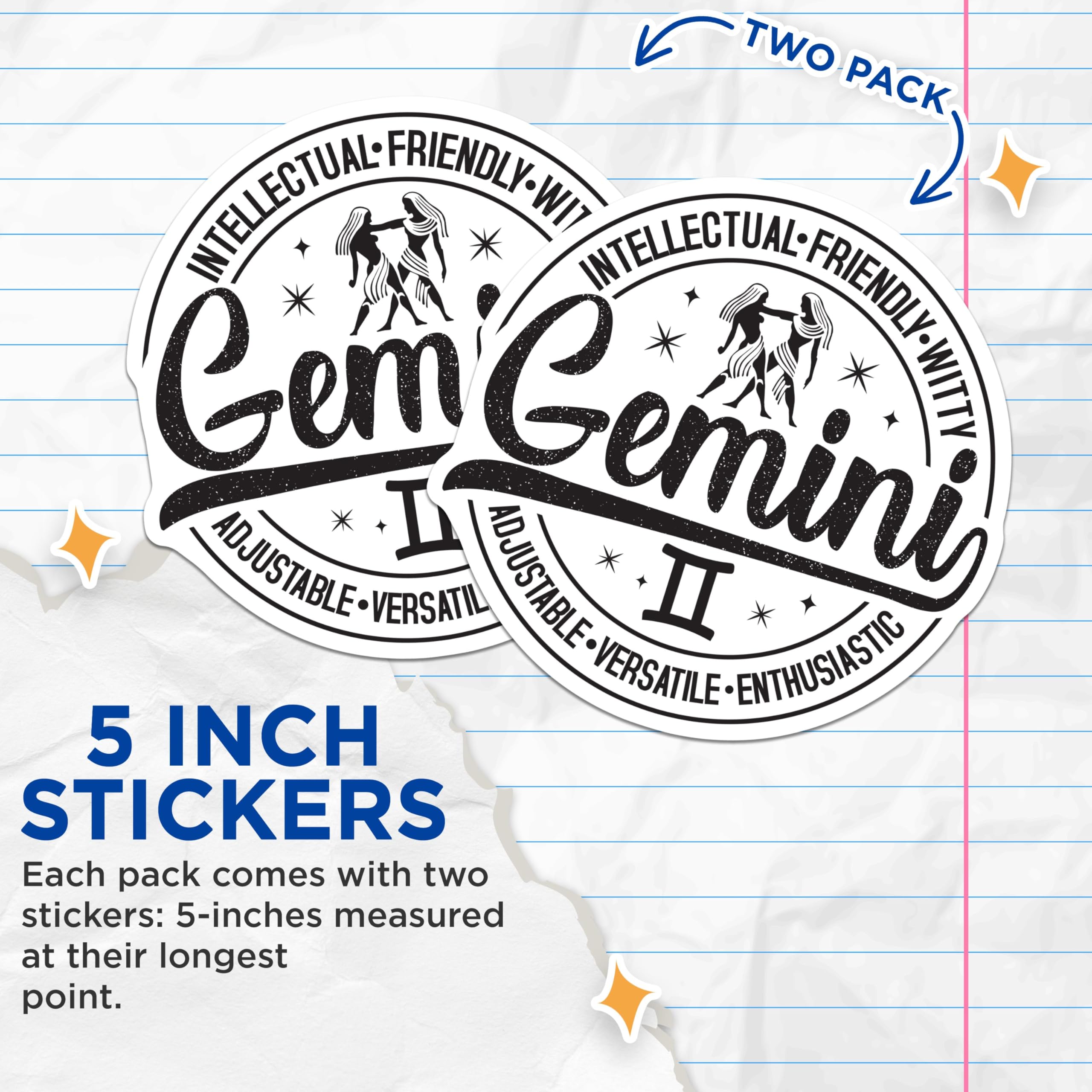 (2 Pack) Gemini Zodiac Stickers - Astrology Sign Stickers - Horoscope Decal - Zodiac Sign Art - 5" On Longest Side - Sticks to Smooth Flat Surfaces - Made in USA - BMCS5050