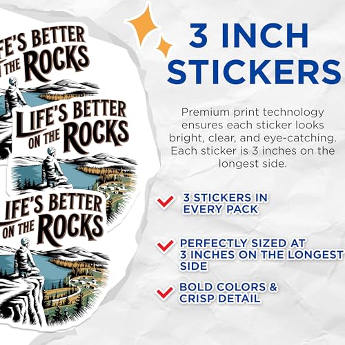 (3 Pack) Rock Climbing Decals - Life s Better On The Rocks - Climber Laptop Stickers - 3 Inches On Longest Side - Easy Peel & Apply - Made in USA - 3MCS4571