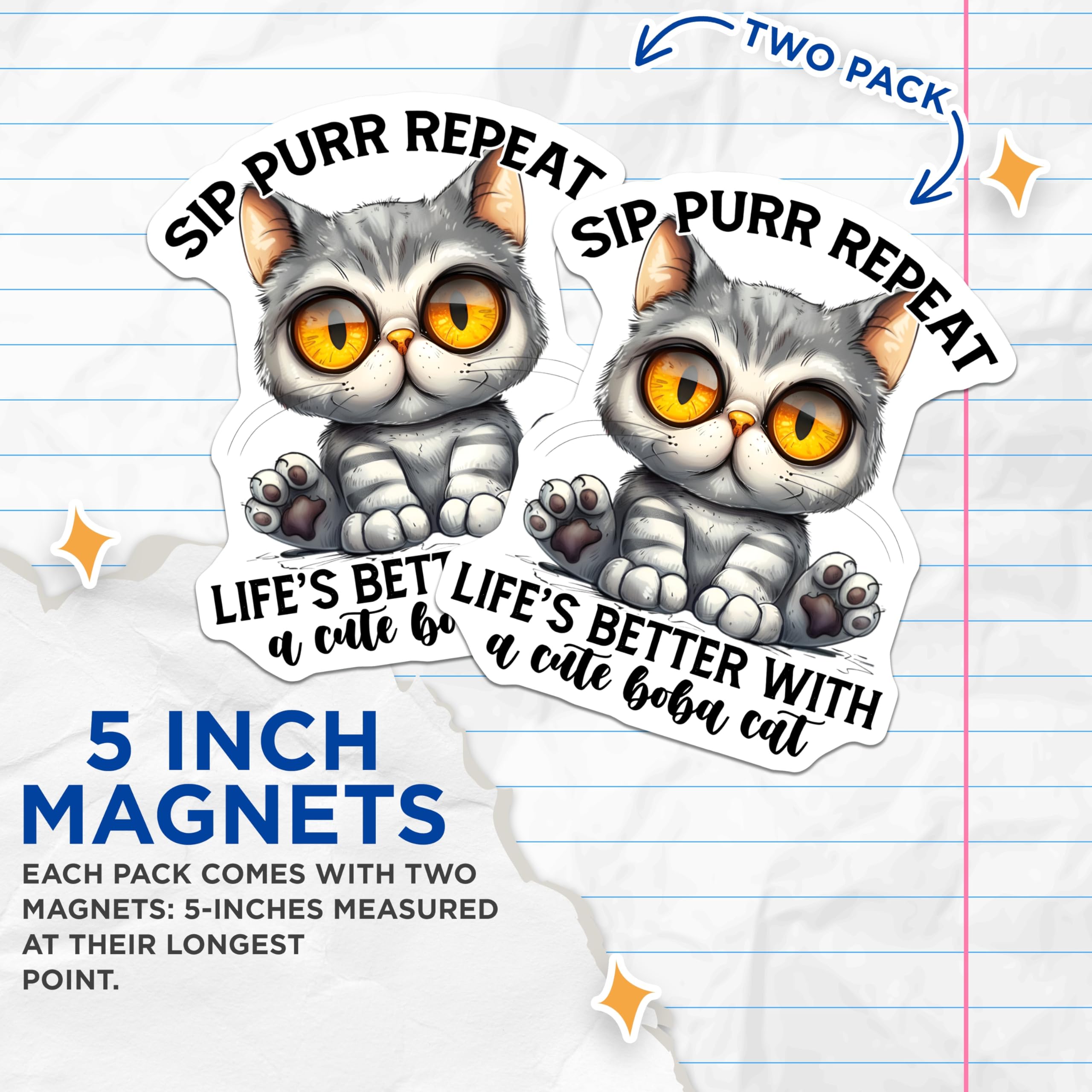 (2 Pack) Boba Cat Magnets - Sip Purr Repeat - Cute Cat Accessories - 5" On Longest Side - Premium Magnet - for Cars, Refrigerators, Toolboxes, Lockers - Made in USA - MAG14585