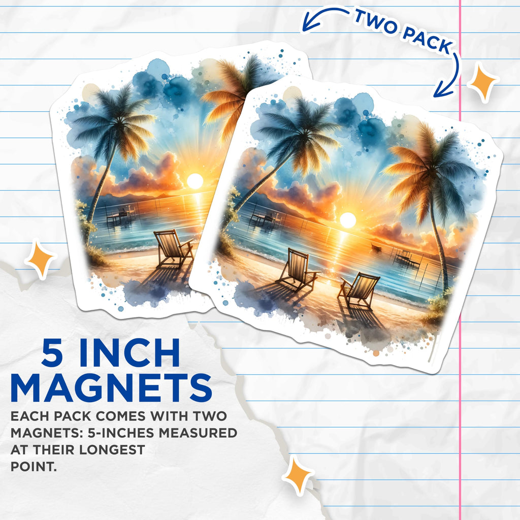 (2 Pack) Beach Sunset Magnets - Tropical Vacation - Coastal Home Decor - 5" On Longest Side - Premium Magnet - for Cars, Refrigerators, Toolboxes, Lockers - Made in USA - MAG15227
