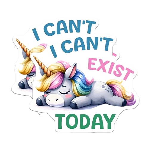 (2 Pack) Cute Unicorn Stickers - I Can't Exist Today Stickers - Funny Sleepy Unicorn Sticker for Kids - 5" On Longest Side - Sticks to Any Smooth Flat Surface - Made in USA - BMCS3336