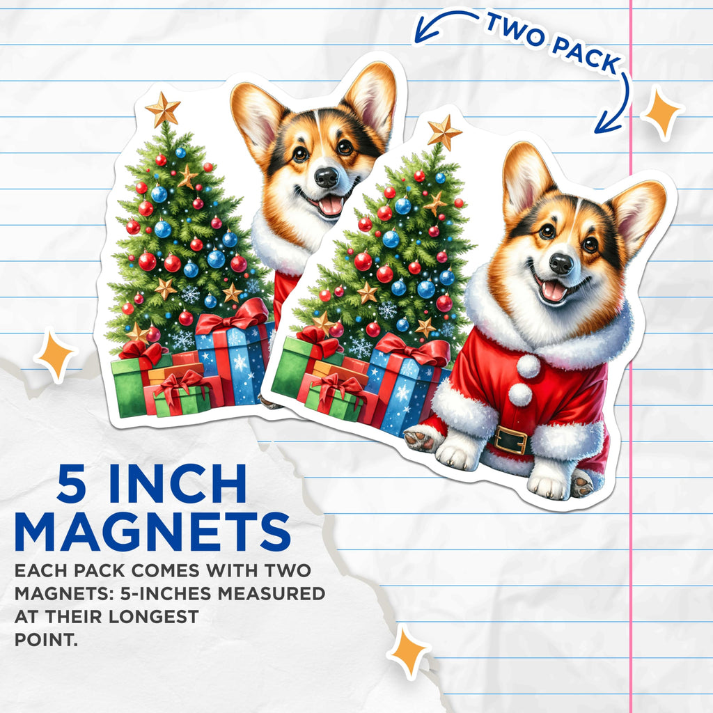 (2 Pack) Corgi Christmas Magnets - Santa Corgi Decor - Holiday Dog Lover Item - 5 Inches On Longest Side - Thick Durable Magnet - Made in USA - MAG23947