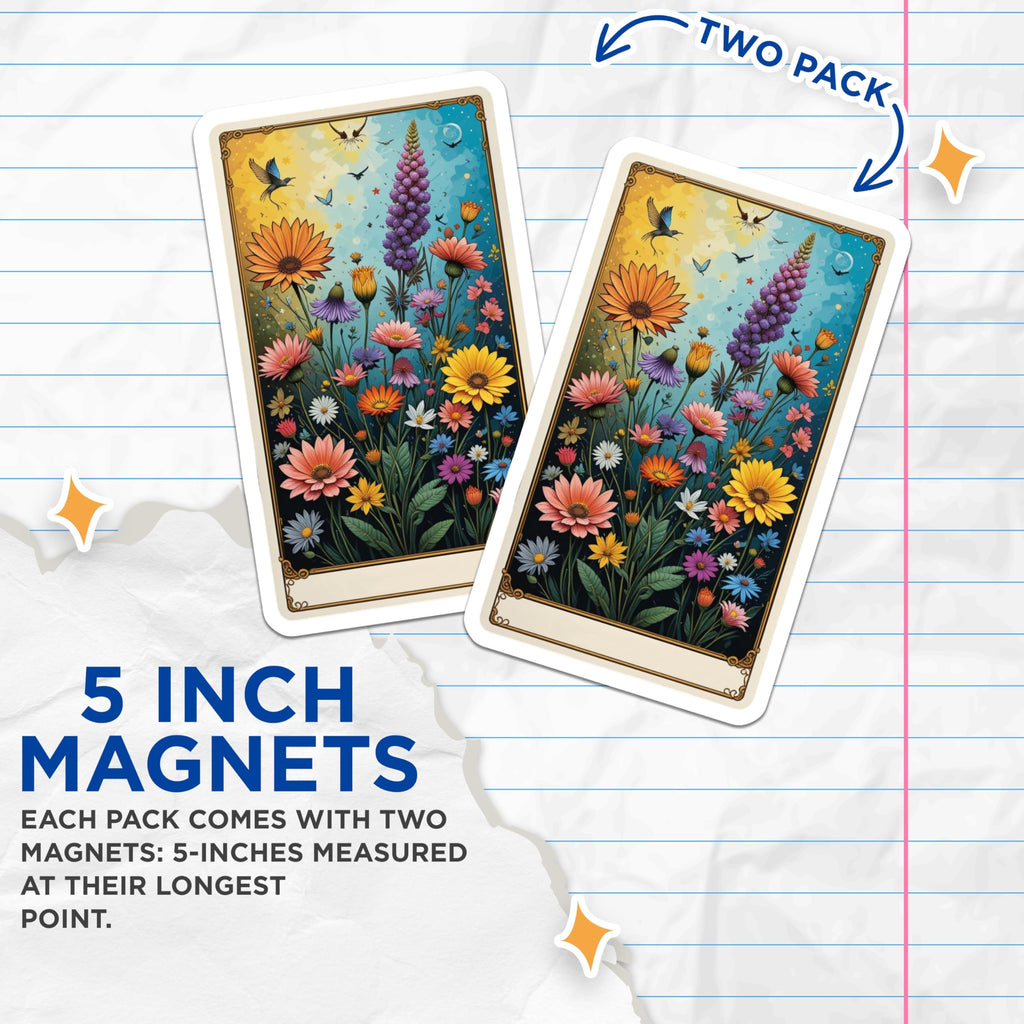 (2 Pack) Vibrant Wildflower Meadow Magnets - Colorful Botanical Garden Art - Sunflowers Daisies Birds Moon Decor - 5 Inches On Longest Side - Thick Durable Magnet - Made in USA - MAG22462