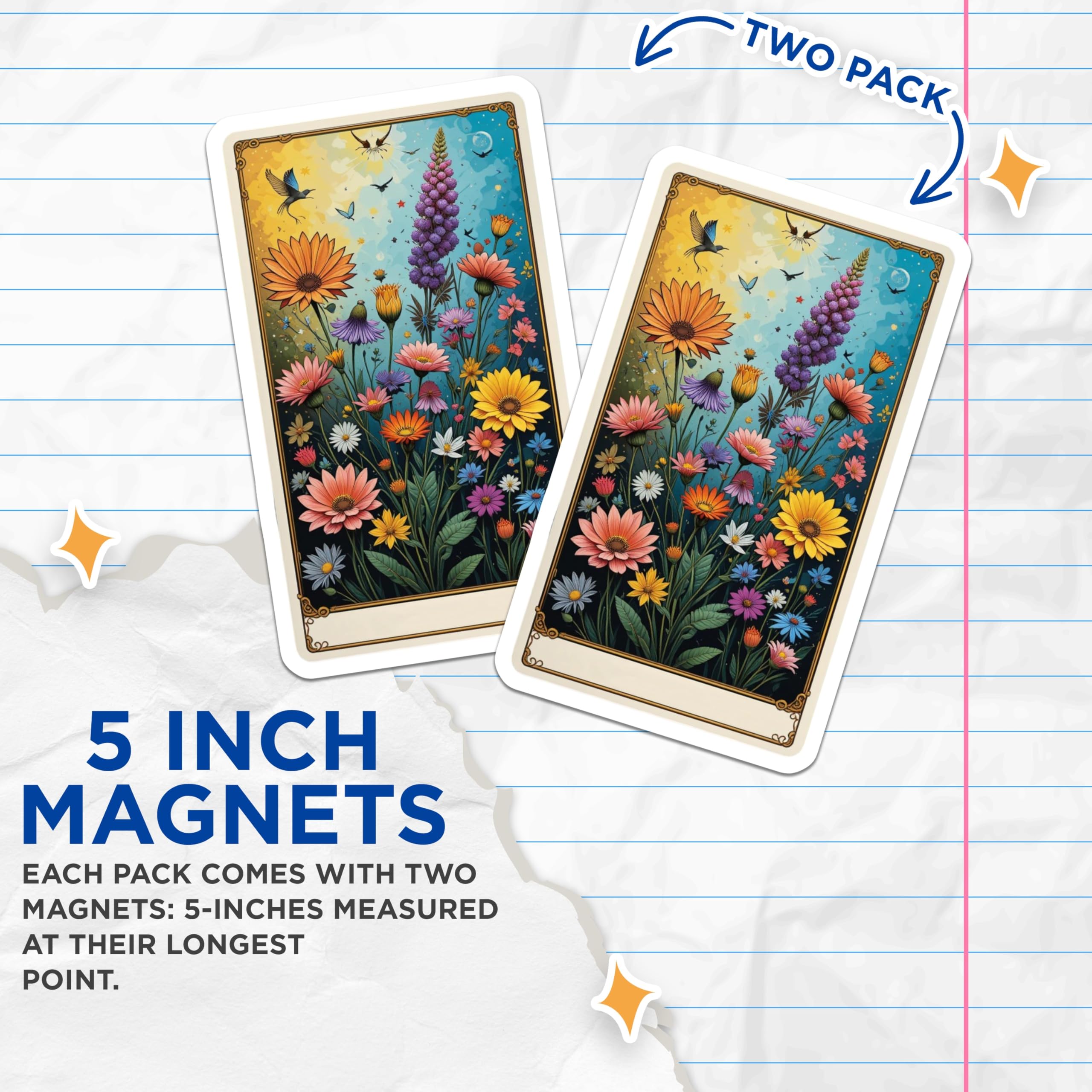 (2 Pack) Vibrant Wildflower Meadow Magnets - Colorful Botanical Garden Art - Sunflowers Daisies Birds Moon Decor - 5 Inches On Longest Side - Thick Durable Magnet - Made in USA - MAG22462