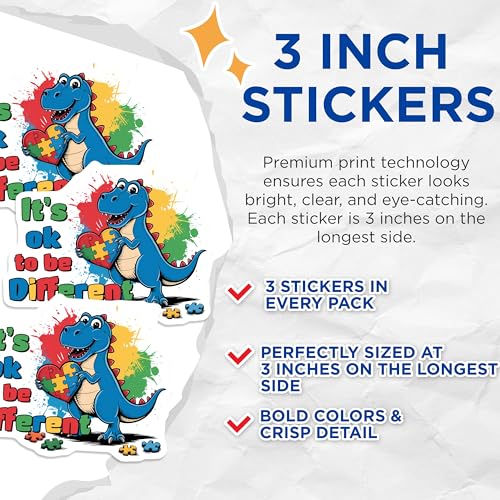 (3 Pack) Autism Awareness Decals - Dinosaur Puzzle - Different is Ok - Laptop Decals - 3 Inches On Longest Side - Easy Peel & Apply - Made in USA - 3MCS8456